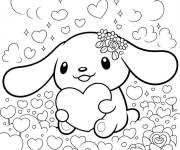 Coloriage Cinnamoroll mignon assis parmi des c&oelig;urs fleuris