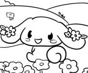 Coloriage Cinnamoroll se balade dans un champ de fleurs