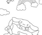 Coloriage Cinnamoroll sur l'avion et un arc en ciel