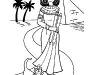 Coloriage Cléopâtre avec son chat devant les pyramides