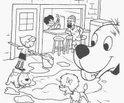Coloriage Clifford aide ses amis à nettoyer la maison