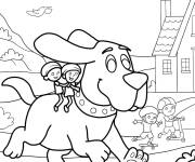 Coloriage Enfants chevauchant sur le dos de Clifford