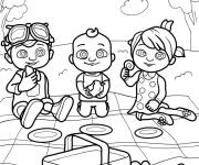 Coloriage CoComelon JJ, TomTom et Yoyo en pique-nique