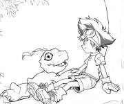 Coloriage Biyomon et Sora sous l'arbre
