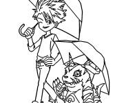 Coloriage Garcon Ishida Yamato et Gabumon sous la parapluie