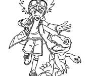 Coloriage Taichi et Agumon jouant au football