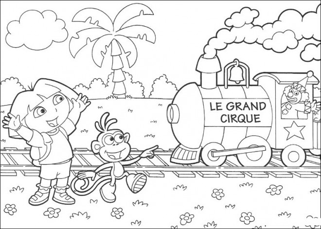 Coloriage et dessins gratuits Dora devant le train du cirque à imprimer