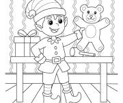 Coloriage Elfe pr&eacute;pare un cadeau peluche pour Noel