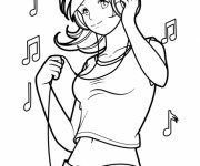 Coloriage Fille Manga écoute La Musique