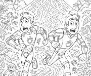 Coloriage Chris et Martin en train d'&eacute;chapper le volcan