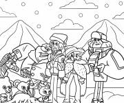 Coloriage Gaston, Zach, Donita, et Dabio sous la neige