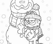 Coloriage Garfield avec le bonhomme de neige de Noel