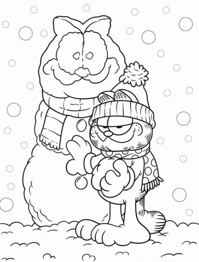 Coloriage Garfield avec le bonhomme de neige de Noel