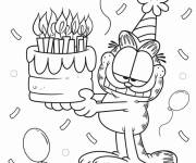 Coloriage Garfield avec un gâteau d'anniversaire