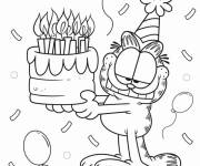 Coloriage Garfield avec un g&acirc;teau d'anniversaire