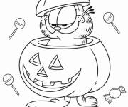 Coloriage Garfield dans une citrouille de Halloween