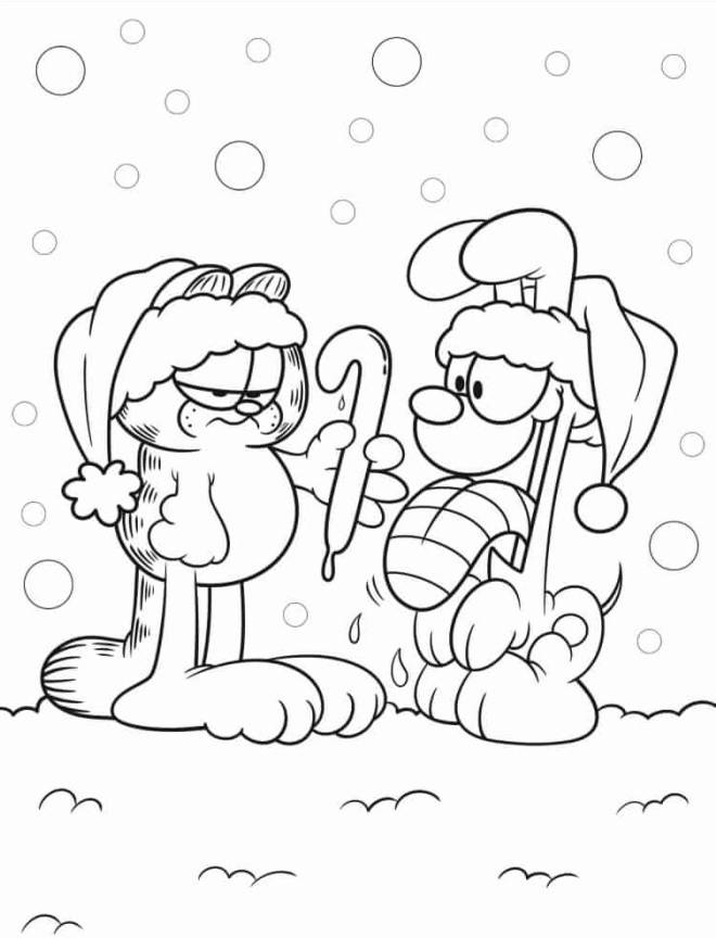Coloriage Garfield et Odie pendant le Noel dessin gratuit à imprimer