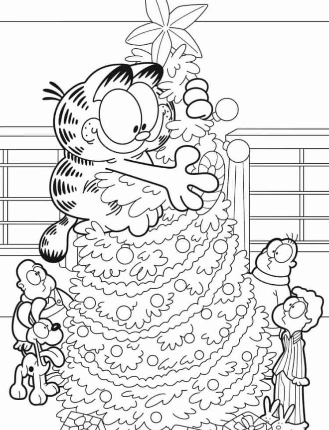 Coloriage Garfield sur le sapin de Noël dessin gratuit à imprimer