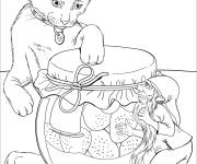 Coloriage Le gnome et chat aime la confiture