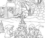 Coloriage Les gnomes dans la foret d&eacute;corent le sapin de no&euml;l