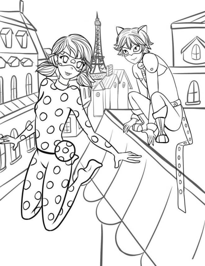 Coloriage et dessins gratuits Ladybug et Chat noir dans la ville de Paris à imprimer