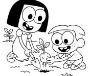 Coloriage Cricket et son fr&egrave;re Tilly Green plantent un semis dans le jardin