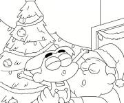 Coloriage Cricket Green avec le P&egrave;re No&euml;l Bill devant le sapin
