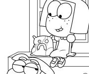 Coloriage Cricket, Tilly et leur chat devant la maison