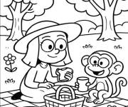Coloriage Tilly Green au piquenique avec un singe