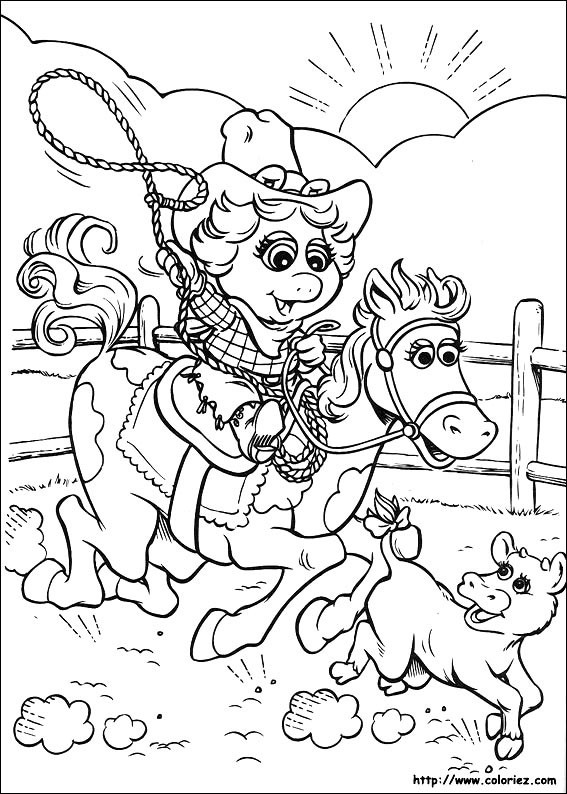 Coloriage et dessins gratuits Miss Piggy et son cheval dessin animé à imprimer