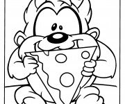 Coloriage Looney Tunes Le petit Taz mange du pizza