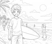 Coloriage Gar&ccedil;on d'anime &agrave; la plage