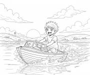 Coloriage Gar&ccedil;on d'anime dans son Bateau
