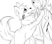 Coloriage Gar&ccedil;on de l'anime japonaise s'amuse avec un chien
