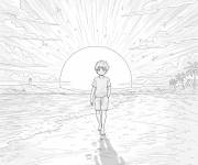 Coloriage Gar&ccedil;on de manga marchant au coucher du soleil