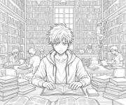Coloriage Gar&ccedil;on manga &agrave; la biblioth&egrave;que
