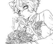 Coloriage Gar&ccedil;on manga avec bouquet de fleurs