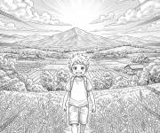 Coloriage Gar&ccedil;on manga dans la campagne
