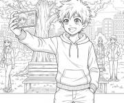 Coloriage Gar&ccedil;on manga prenant un selfie