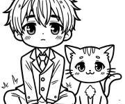 Coloriage Gar&ccedil;on mignon de manga avec son petit chat