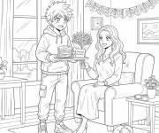Coloriage Gar&ccedil;on style manga en f&ecirc;te de sa m&egrave;re