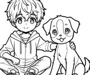 Coloriage Manga Gar&ccedil;on avec son chien