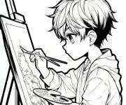 Coloriage Manga Gar&ccedil;on en dessinant un tableau