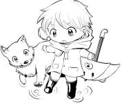 Coloriage Sc&egrave;ne du petit gar&ccedil;on et son chiens de manga en s'amusant