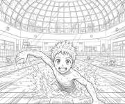 Coloriage Un gamin de manga en nageant dans la piscine