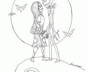 Coloriage Jack et Sally amoureux sur la falaise la nuit