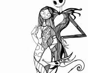 Coloriage Les amoureux Sally et Jack squelette avec leur chien mignon Zero