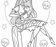Coloriage Sally assise sur une pierre tombale avec son chat mignon