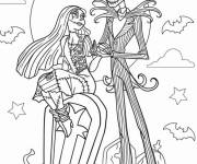 Coloriage Sally et Jack avec une citrouille de Halloween sous la lune