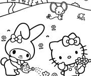 Coloriage Journ&eacute;e au jardin de My Melody et Hello Kitty